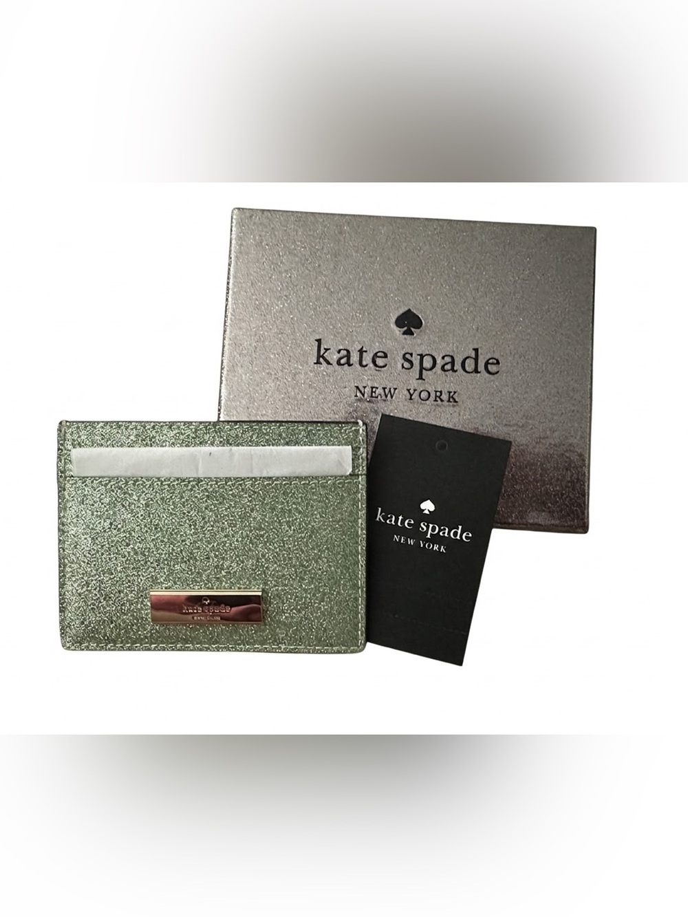 NWT Kate Spade Kenzie Glitter Card Holder Case Wallet Seawater Green KK323 Boxed